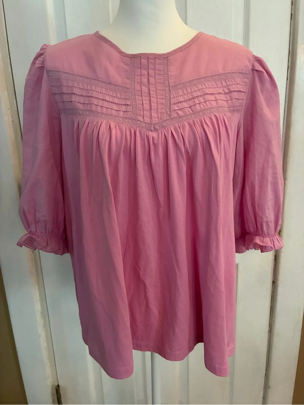 J.Crew Sundried Peony Pink Puff Sleeve Lace Inset 100% Cotton Top Size L Classic